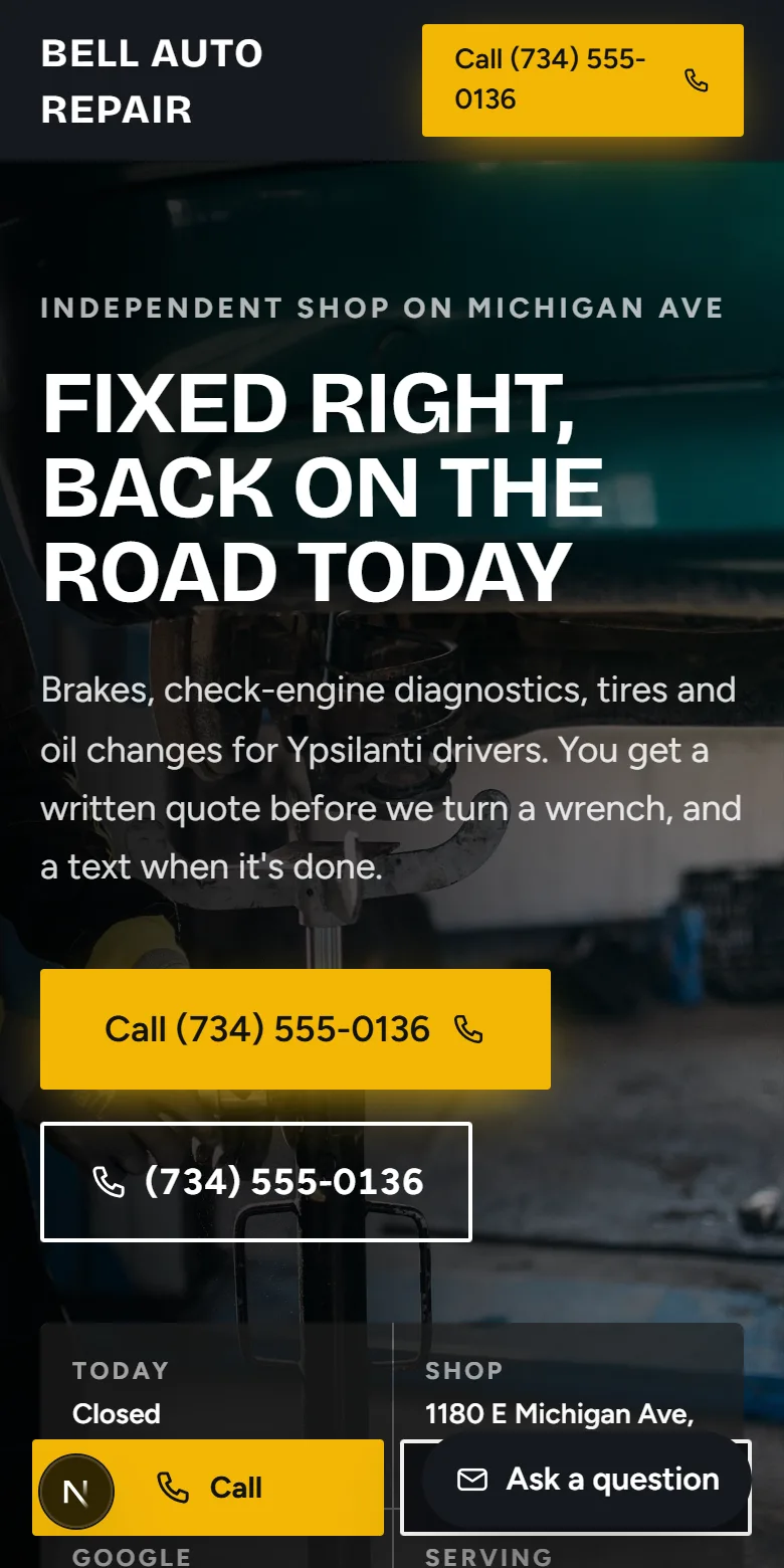 A sample auto shop website on a phone